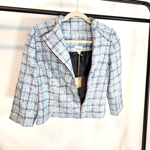 Vika Women's Small Dress Jacket Coat Tweed Cashmere Blue White NWT $398 Zip - Picture 2 of 14